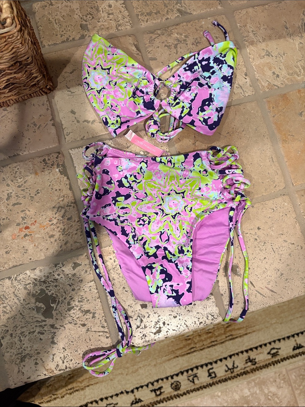 Victoria's Secret Pink, Lime & Navy Abstract Cutout Bikini Set